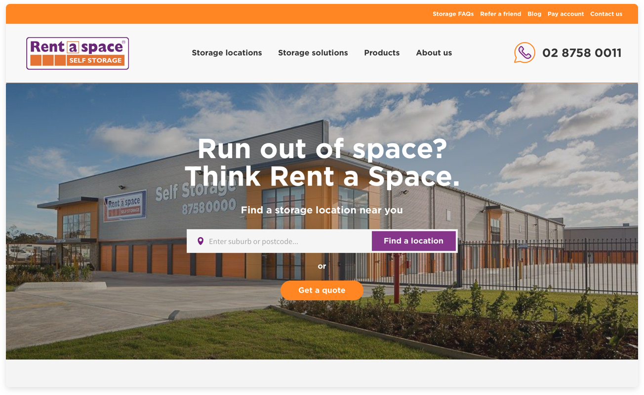 Screenshot of redesigned Rent a Space homepage